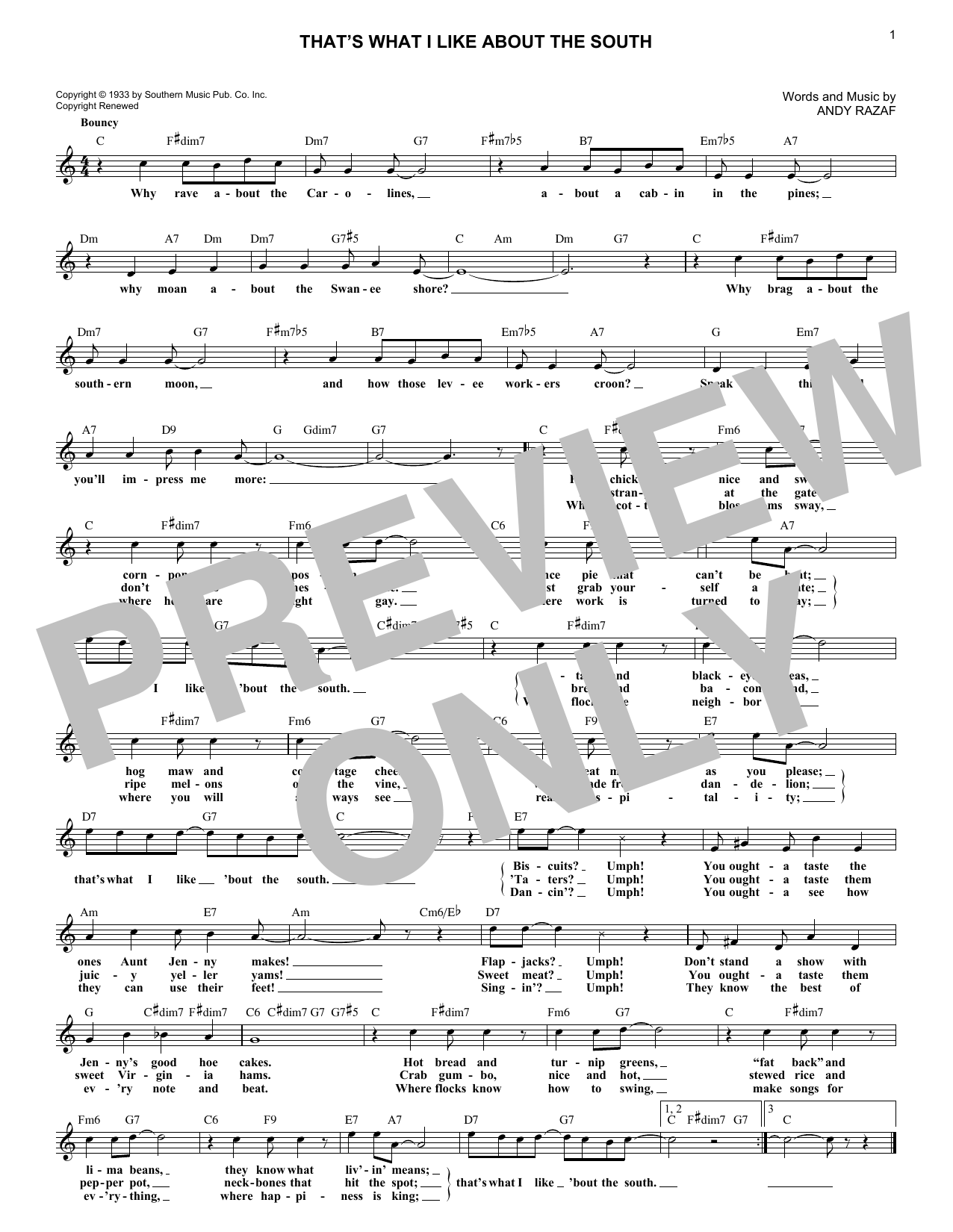 Andy Razaf That's What I Like About The South Sheet Music Notes & Chords for Melody Line, Lyrics & Chords - Download or Print PDF Andy Razaf That's What I Like About The South Sheet Music Notes & Chords for Melody Line, Lyrics & Chords - Download or Print PDF