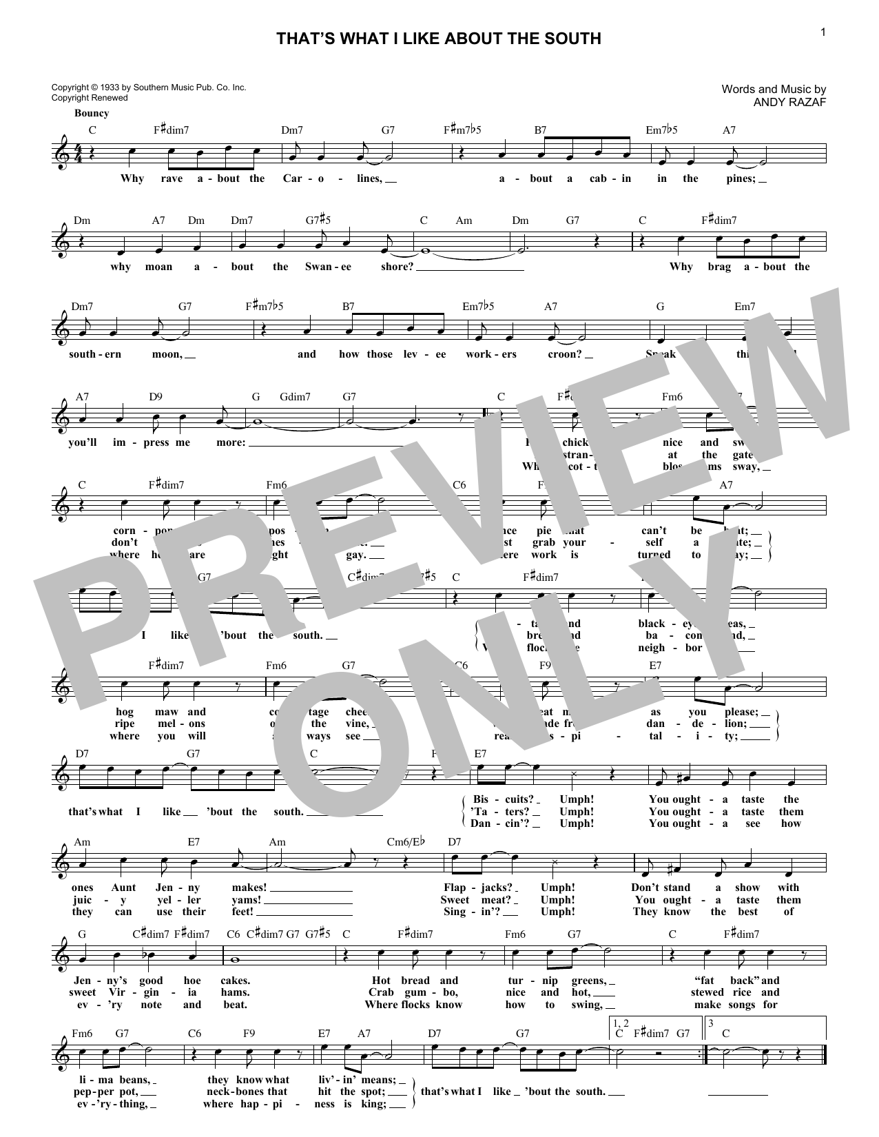 Andy Razaf That's What I Like About The South Sheet Music Notes & Chords for Melody Line, Lyrics & Chords - Download or Print PDF