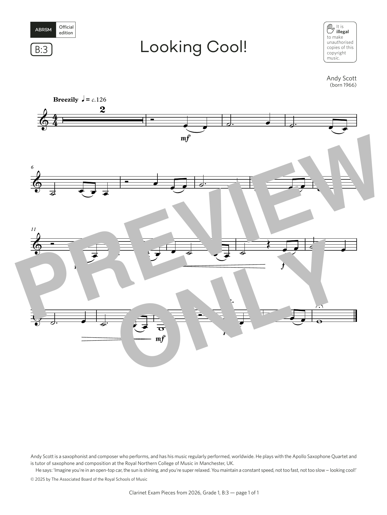 Andy Scott Looking Cool! (Grade 1, list B3, from the ABRSM Clarinet Syllabus from 2026) Sheet Music Notes & Chords for Clarinet Solo - Download or Print PDF Andy Scott Looking Cool! (Grade 1, list B3, from the ABRSM Clarinet Syllabus from 2026) Sheet Music Notes & Chords for Clarinet Solo - Download or Print PDF