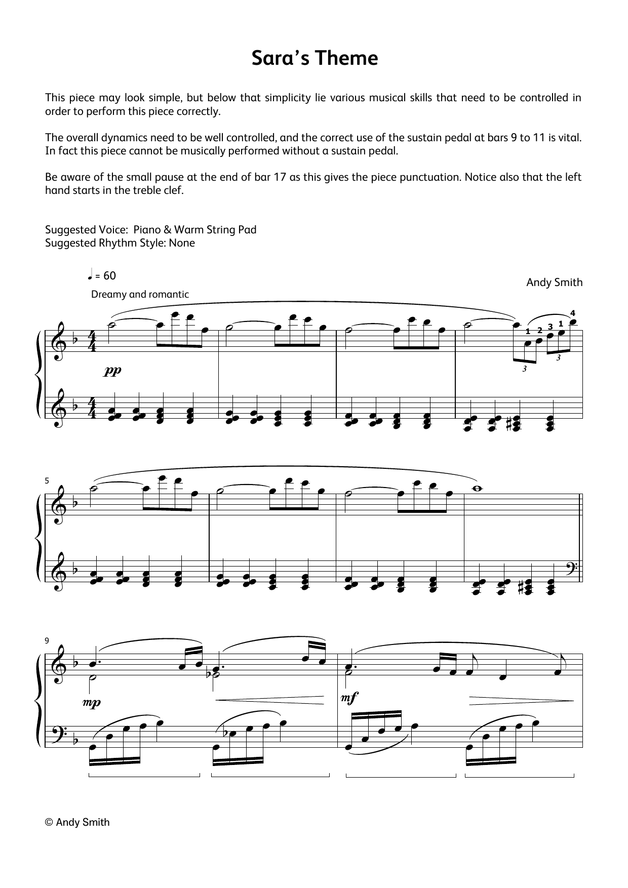 Andy Smith Sara's Theme (LCME Electronic Keyboard Grade 6 List B & C) Sheet Music Notes & Chords for Piano Solo - Download or Print PDF