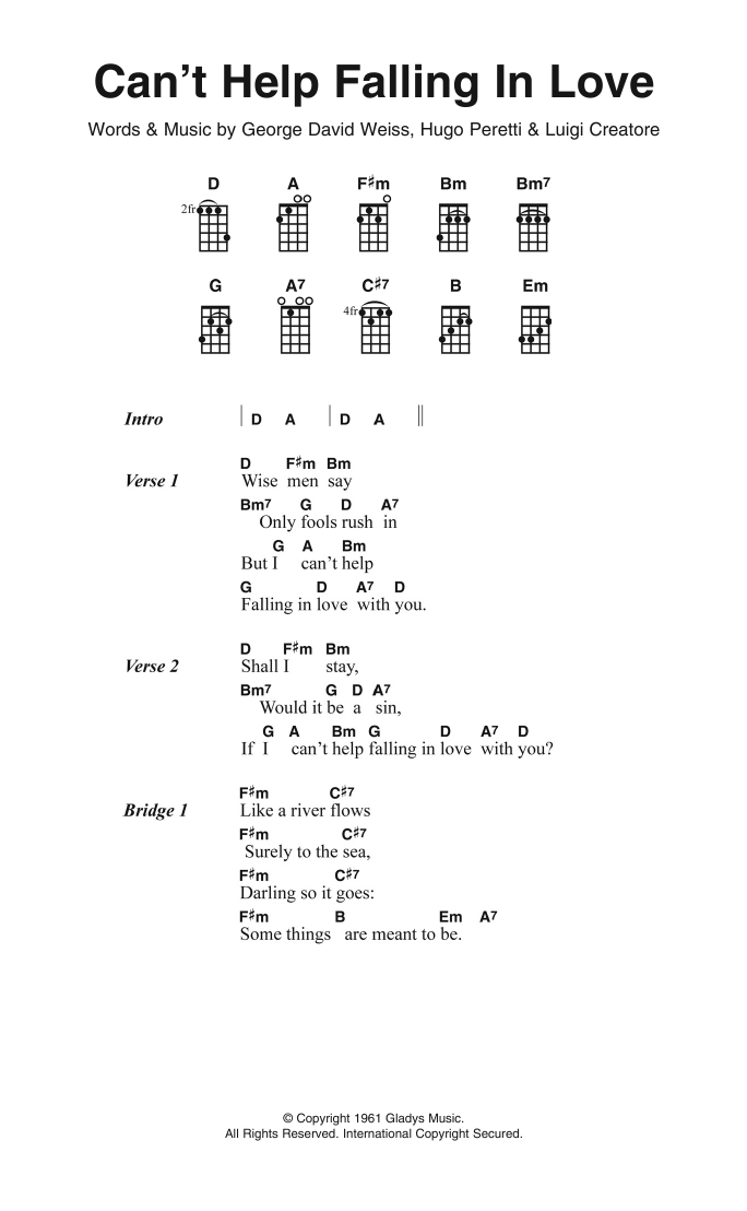 Andy Williams Can't Help Falling In Love Sheet Music Notes & Chords for Ukulele Lyrics & Chords - Download or Print PDF