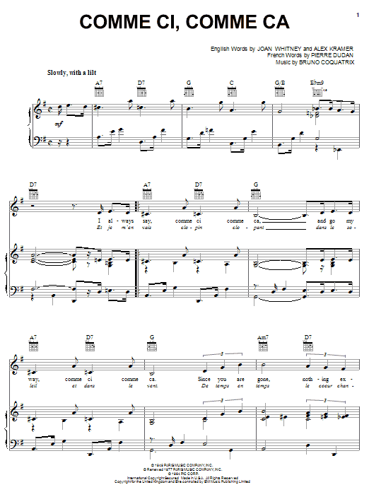 Andy Williams Comme Ci, Comme Ca Sheet Music Notes & Chords for Piano, Vocal & Guitar (Right-Hand Melody) - Download or Print PDF