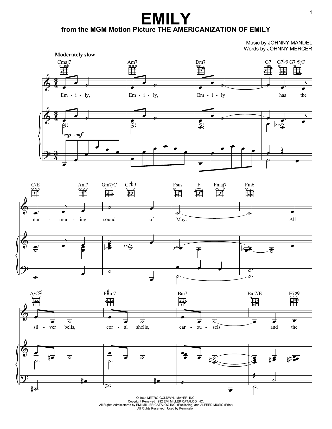 Andy Williams Emily Sheet Music Notes & Chords for Piano & Vocal - Download or Print PDF