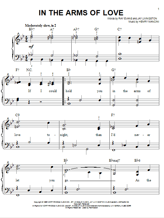 Andy Williams In The Arms Of Love Sheet Music Notes & Chords for Easy Piano - Download or Print PDF