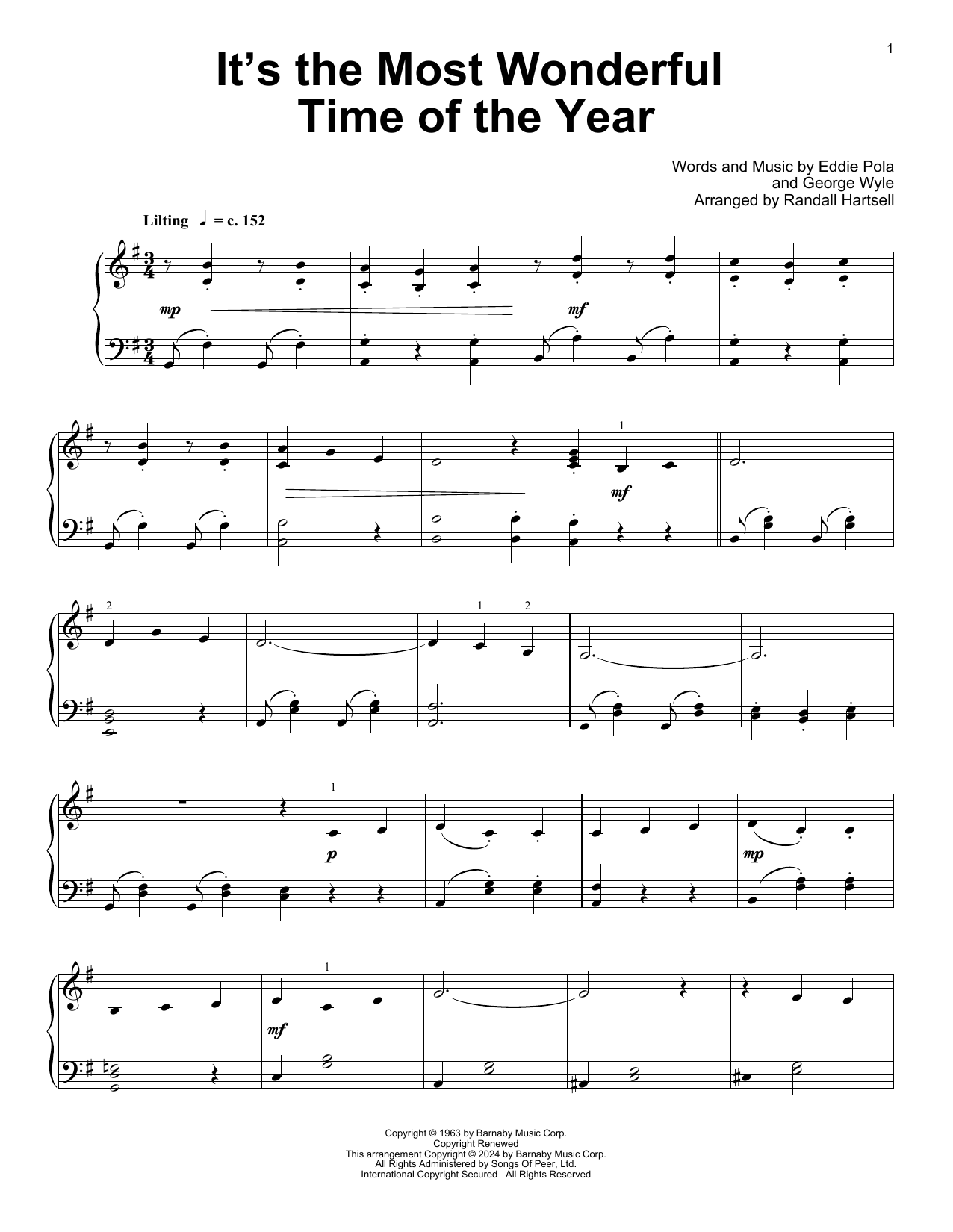 Andy Williams It's The Most Wonderful Time Of The Year (arr. Randall Hartsell) Sheet Music Notes & Chords for Educational Piano - Download or Print PDF