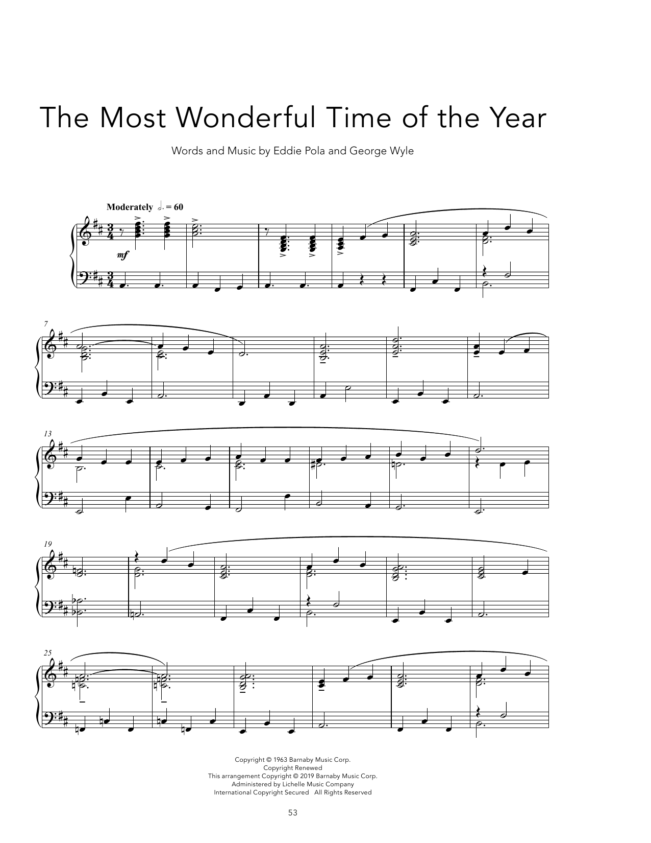 Andy Williams It's The Most Wonderful Time Of The Year [Peaceful version] Sheet Music Notes & Chords for Piano Solo - Download or Print PDF