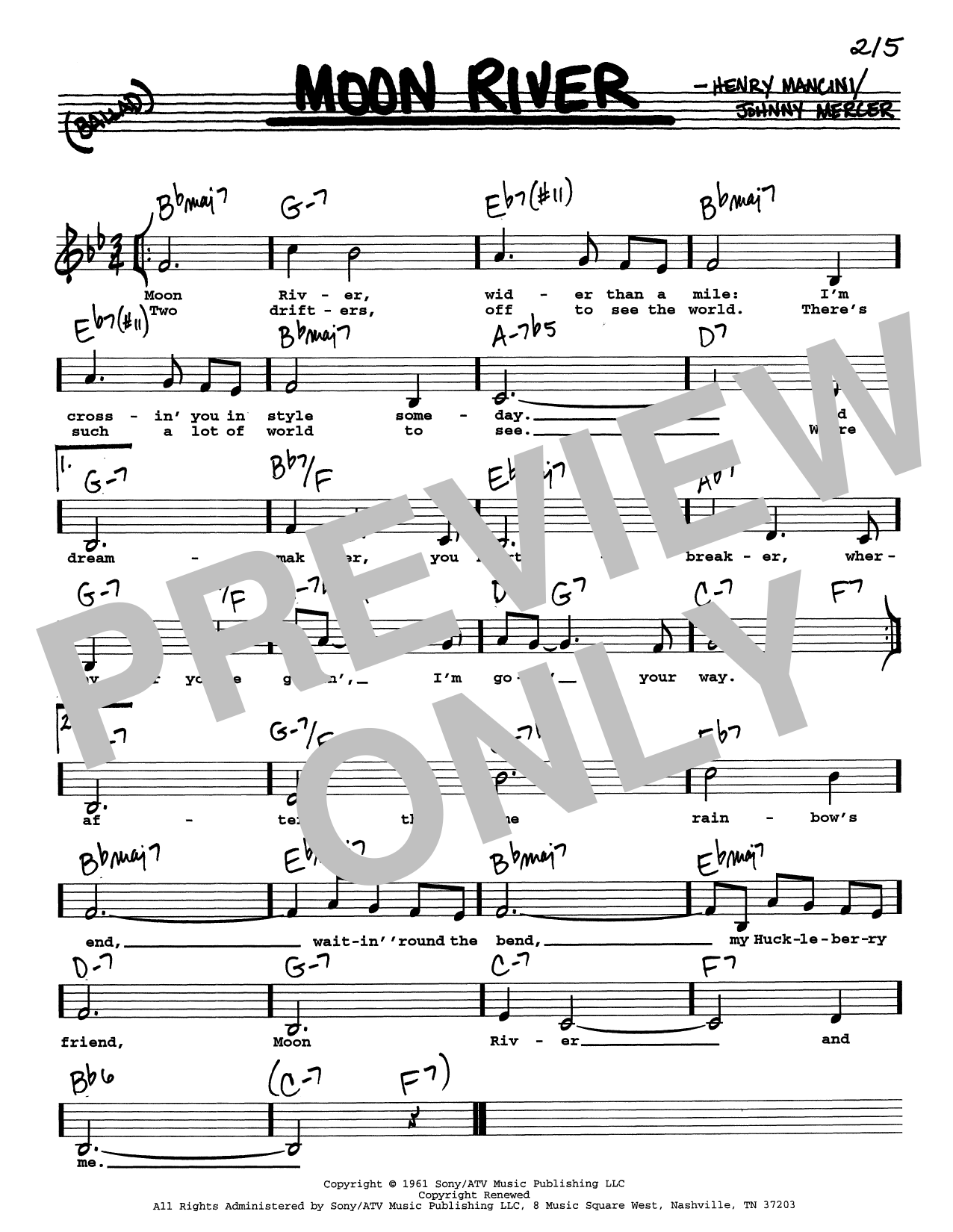 Andy Williams Moon River (Low Voice) Sheet Music Notes & Chords for Real Book – Melody, Lyrics & Chords - Download or Print PDF