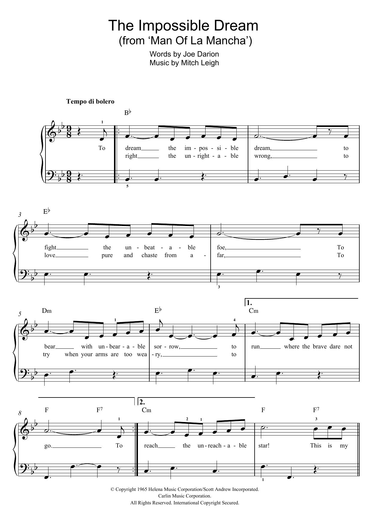 Andy Williams The Impossible Dream (from Man Of La Mancha) Sheet Music Notes & Chords for Piano Chords/Lyrics - Download or Print PDF
