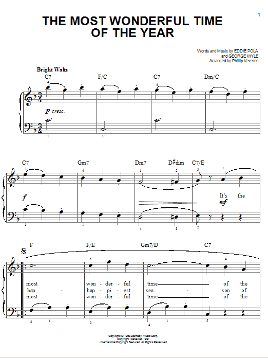 Andy Williams The Most Wonderful Time Of The Year Sheet Music Notes & Chords for Easy Piano - Download or Print PDF