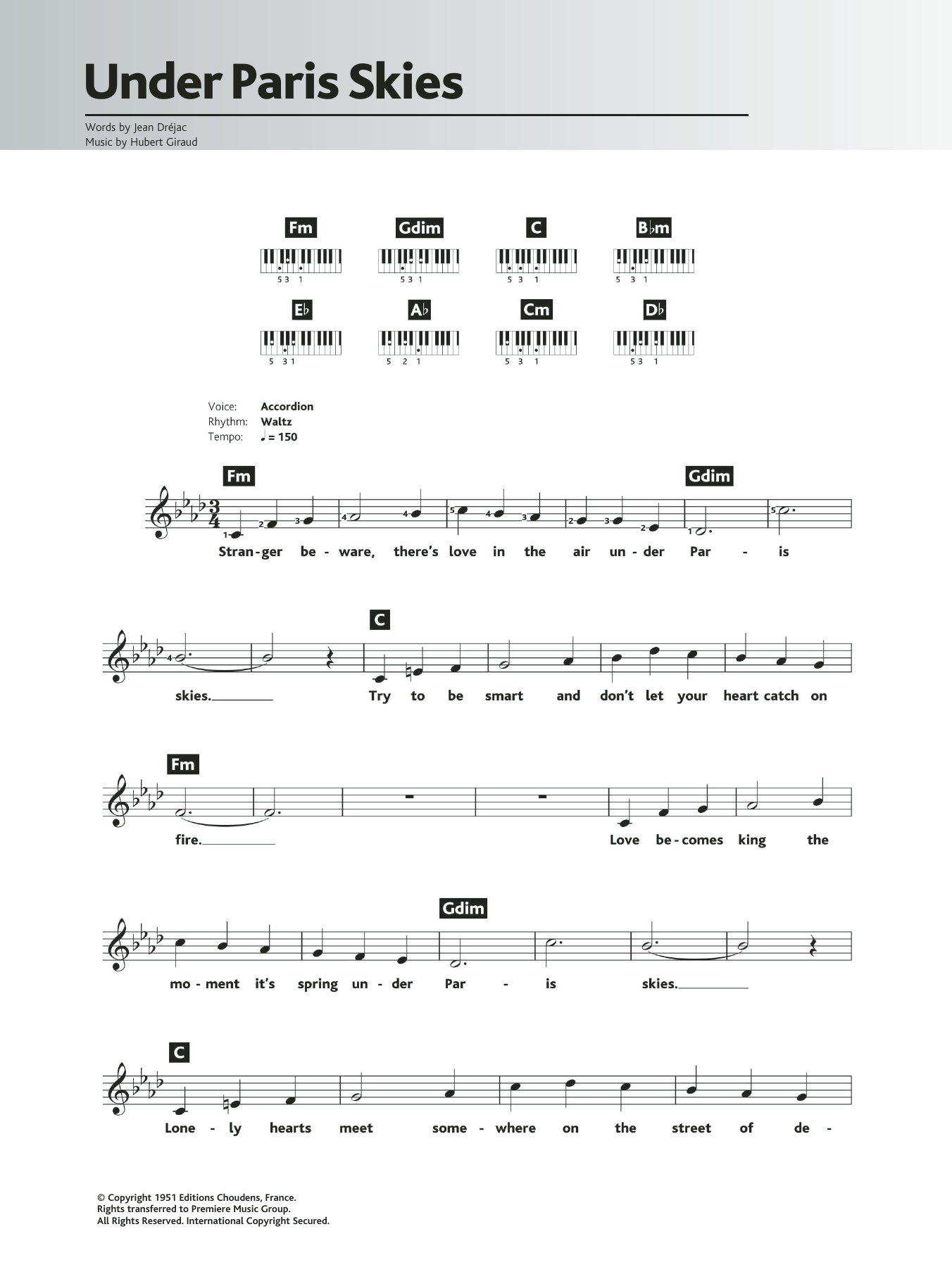 Andy Williams Under Paris Skies (Sous Le Ciel De Paris) Sheet Music Notes & Chords for Keyboard - Download or Print PDF
