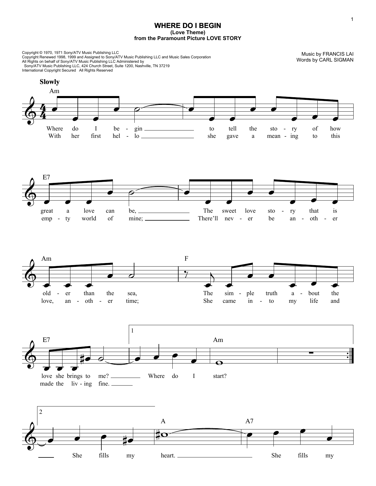 Andy Williams Where Do I Begin (Love Theme) (from Love Story) Sheet Music Notes & Chords for Lead Sheet / Fake Book - Download or Print PDF
