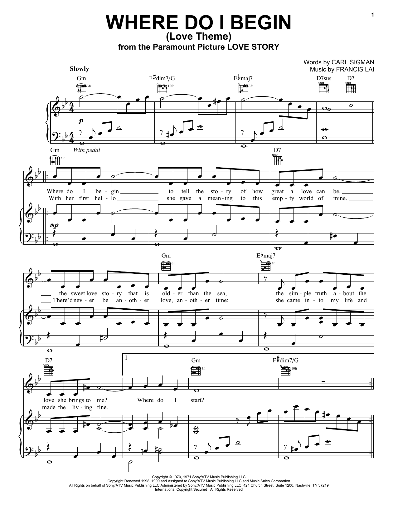 Andy Williams Where Do I Begin (Love Theme) Sheet Music Notes & Chords for Piano & Vocal - Download or Print PDF