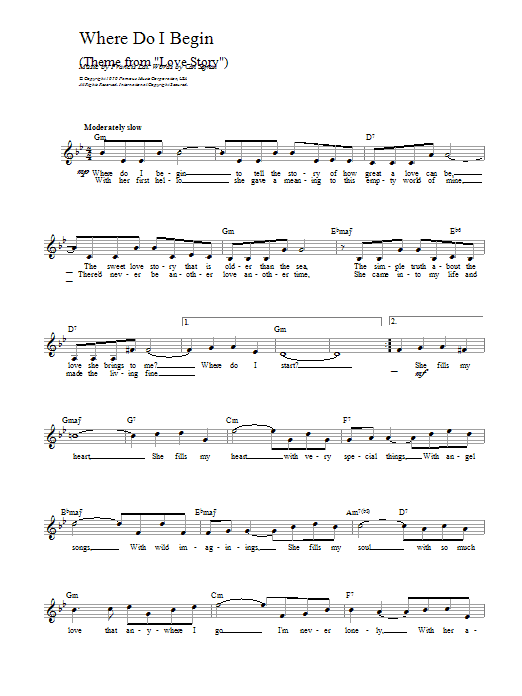 Francis Lai Where Do I Begin (theme from Love Story) Sheet Music Notes & Chords for Melody Line, Lyrics & Chords - Download or Print PDF