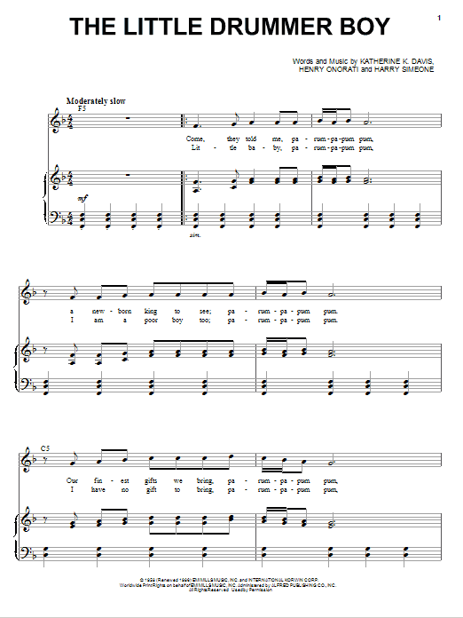Preview Andy Williams The Little Drummer Boy Children sheet music, notes and chords for Piano, Vocal & Guitar (Right-Hand Melody), SKU: 76615 The Little Drummer Boy sheet music