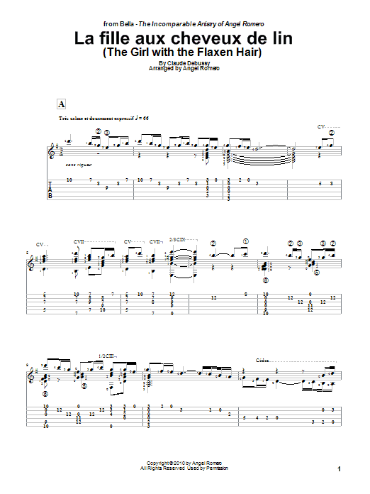Angel Romero La Fille Aux Cheveux De Lin (The Girl With The Flaxen Hair) Sheet Music Notes & Chords for Solo Guitar Tab - Download or Print PDF