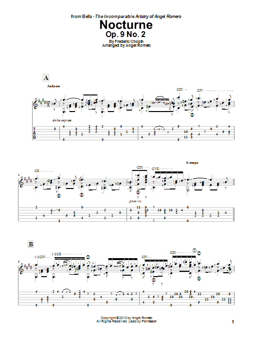 Angel Romero Nocturne, Op. 9 No. 2 Sheet Music Notes & Chords for Guitar Tab - Download or Print PDF