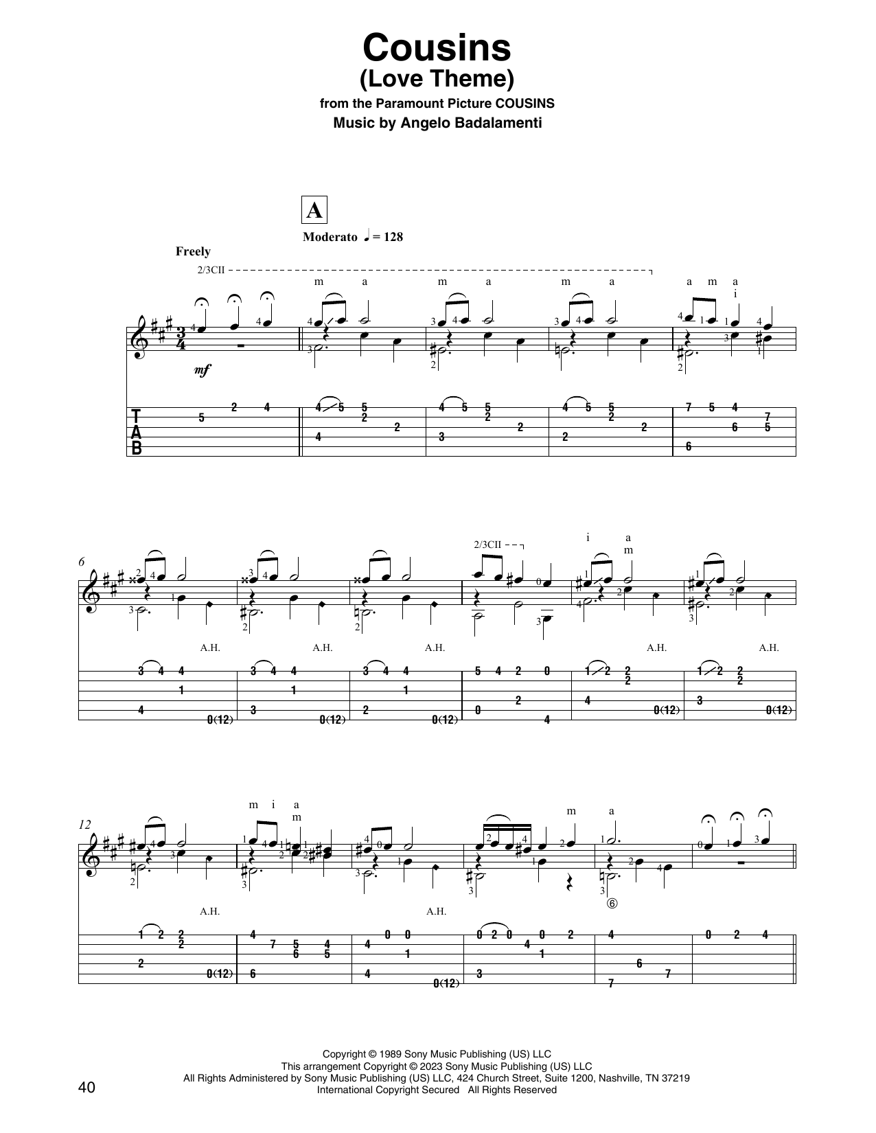 Angelo Badalamenti Cousins (Love Theme) (arr. David Jaggs) Sheet Music Notes & Chords for Solo Guitar - Download or Print PDF