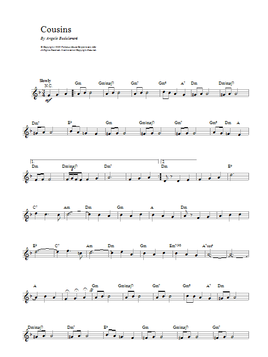 Angelo Badalamenti Cousins Sheet Music Notes & Chords for Melody Line & Chords - Download or Print PDF