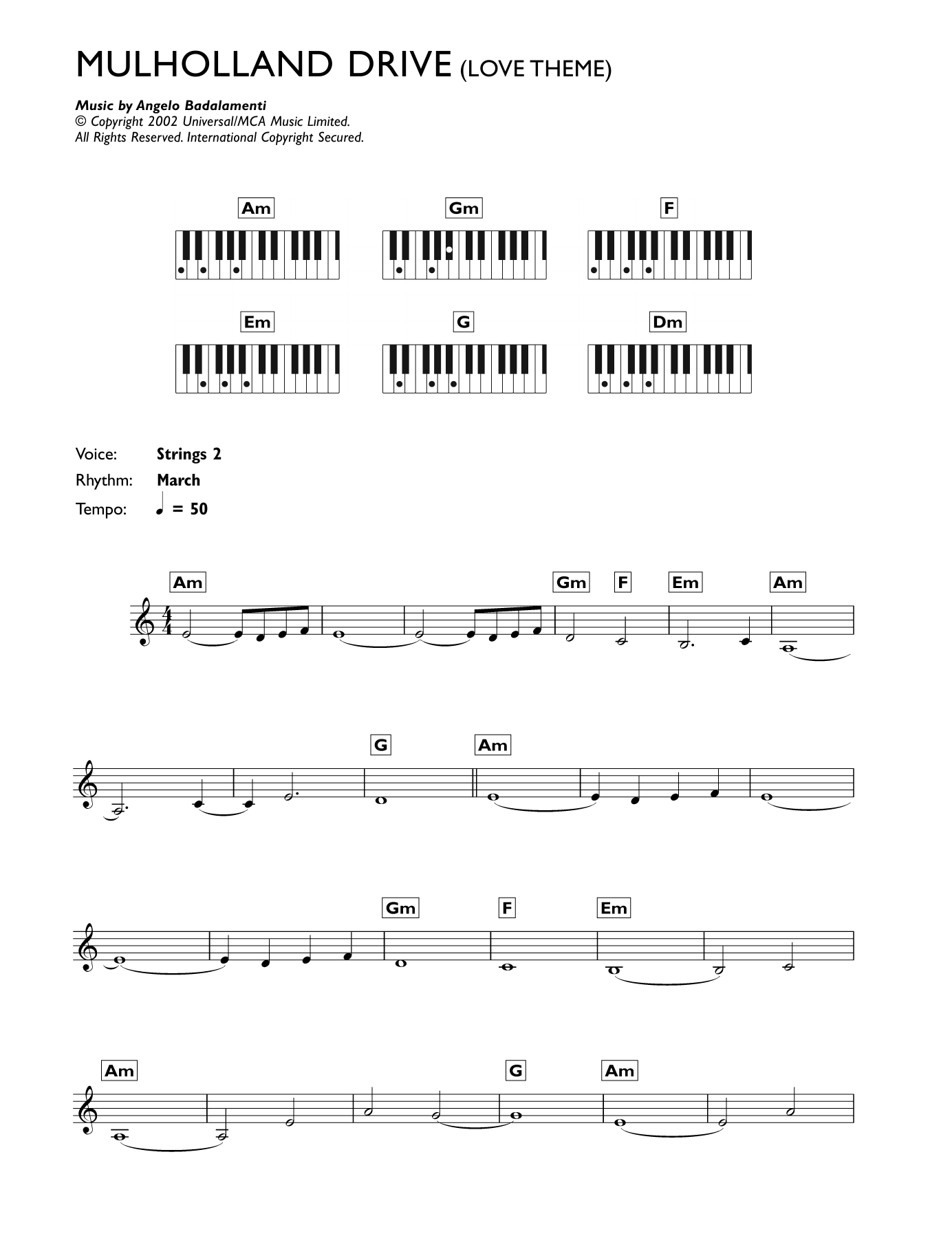 Angelo Badalamenti Mulholland Drive (Love Theme) Sheet Music Notes & Chords for Melody Line & Chords - Download or Print PDF