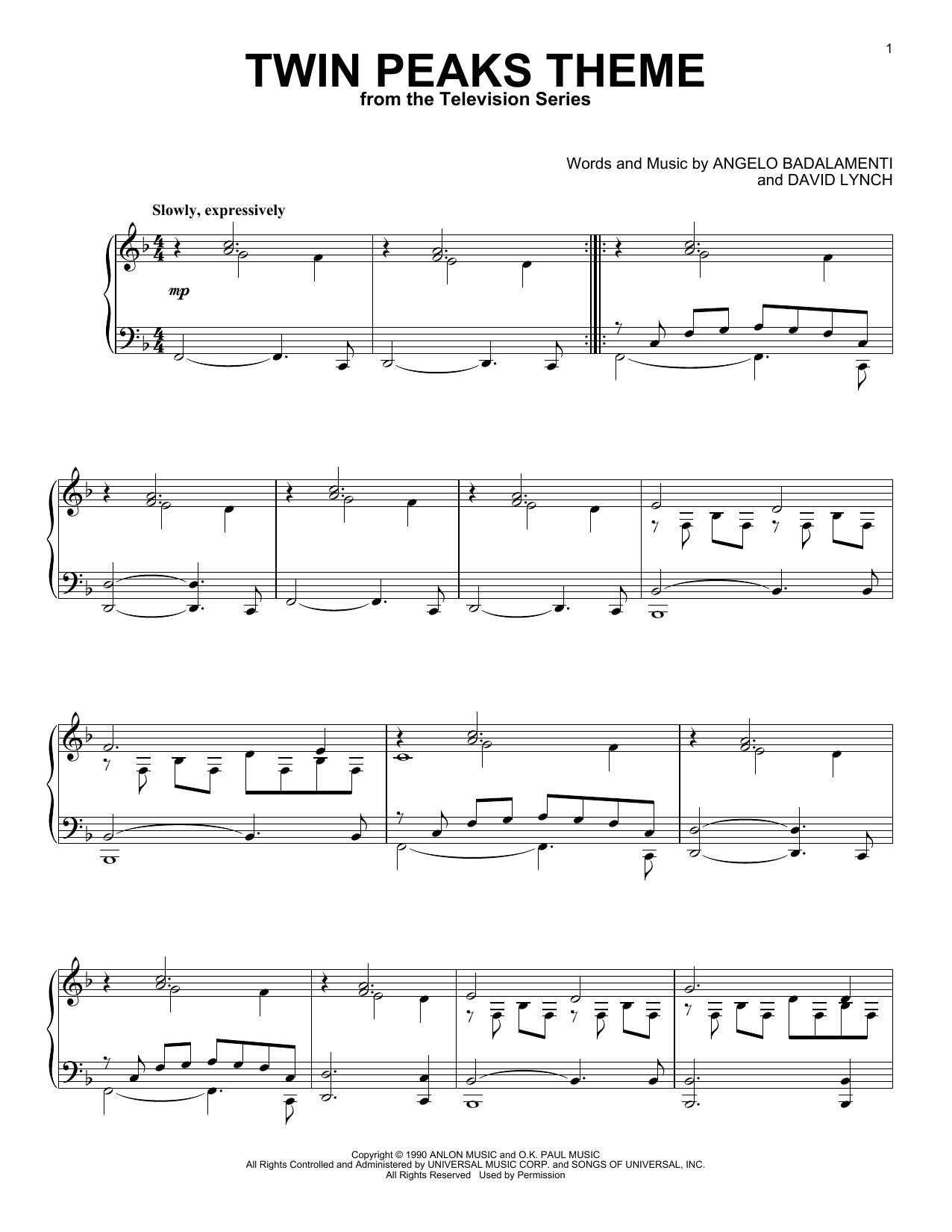 Angelo Badalamenti Twin Peaks Theme Sheet Music Notes & Chords for Piano Solo - Download or Print PDF