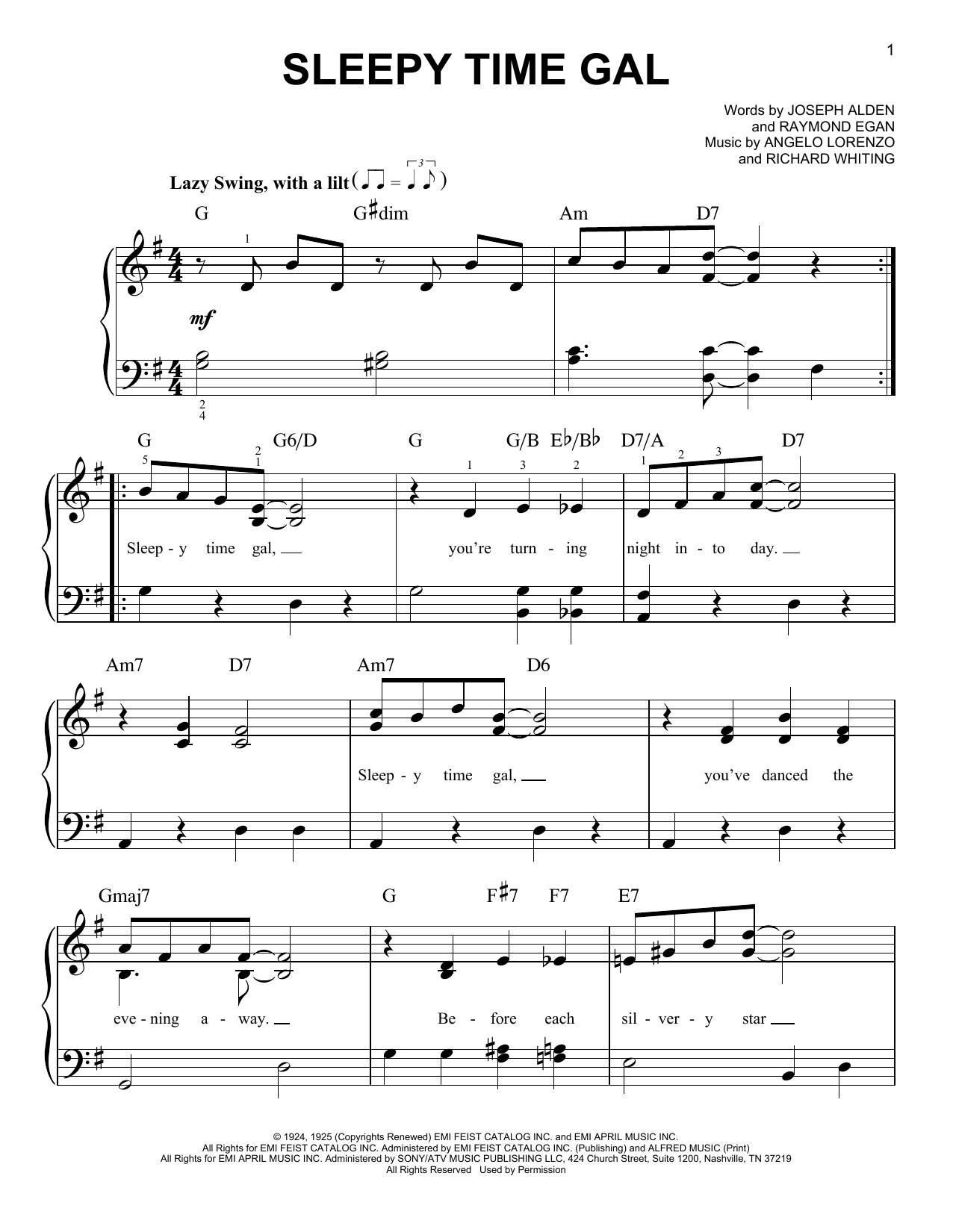 Angelo Lorenzo Sleepy Time Gal Sheet Music Notes & Chords for Easy Piano - Download or Print PDF