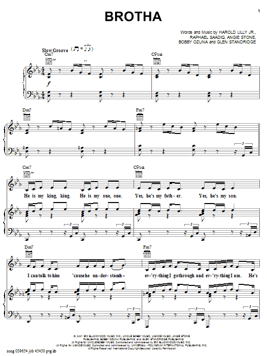 Preview Angie Stone Brotha Pop sheet music, notes and chords for Piano, Vocal & Guitar (Right-Hand Melody), SKU: 19284 sheet music, piano notes, chords, guitar tabs, score, transpose, transcribe, how to play, guide, download, learn, tutorial, progression, song, artist, awards, billboard, mtv, vh1, tour, single, album, release