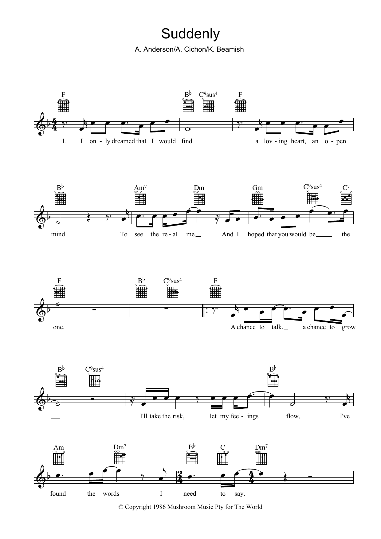 Angry Anderson Suddenly Sheet Music Notes & Chords for Melody Line, Lyrics & Chords - Download or Print PDF