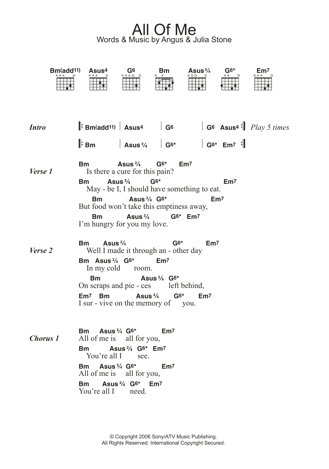 Angus & Julia Stone All Of Me Sheet Music Notes & Chords for Lyrics & Chords - Download or Print PDF