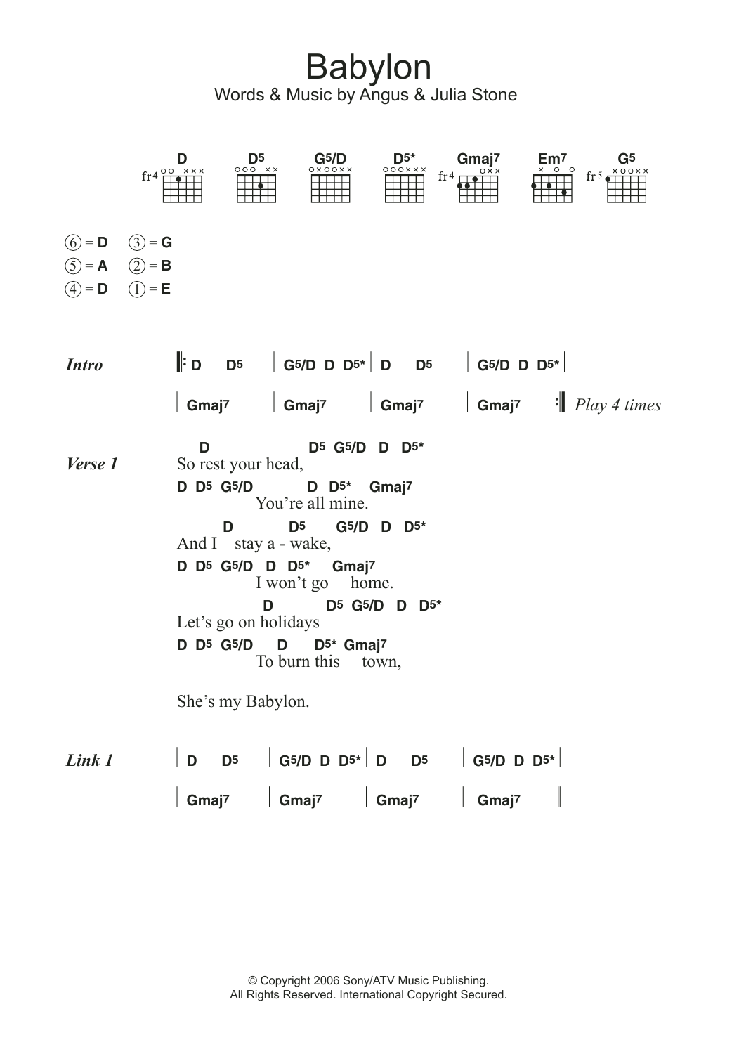 Angus & Julia Stone Babylon Sheet Music Notes & Chords for Lyrics & Chords - Download or Print PDF