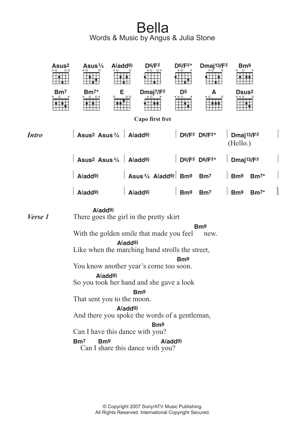 Angus & Julia Stone Bella Sheet Music Notes & Chords for Lyrics & Chords - Download or Print PDF