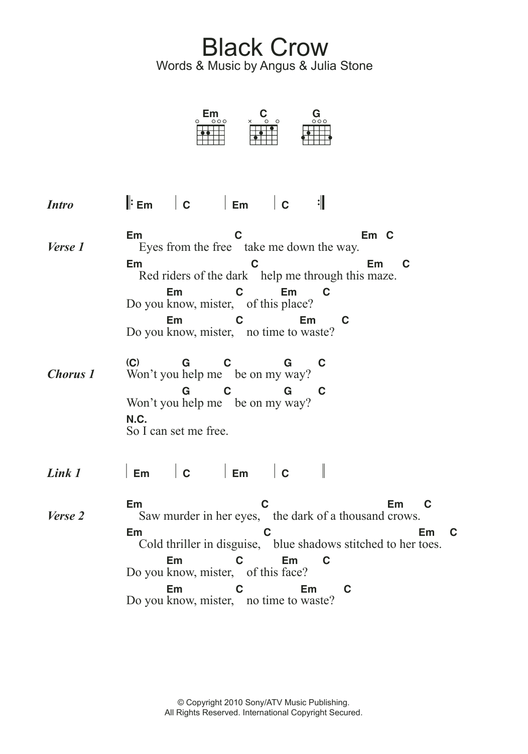 Angus & Julia Stone Black Crow Sheet Music Notes & Chords for Lyrics & Chords - Download or Print PDF