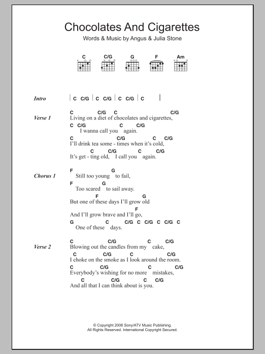 Angus & Julia Stone Chocolates And Cigarettes Sheet Music Notes & Chords for Lyrics & Chords - Download or Print PDF