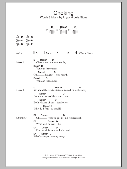 Angus & Julia Stone Choking Sheet Music Notes & Chords for Lyrics & Chords - Download or Print PDF