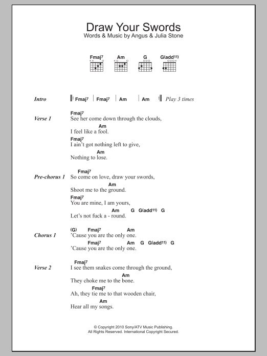 Angus & Julia Stone Draw Your Swords Sheet Music Notes & Chords for Lyrics & Chords - Download or Print PDF