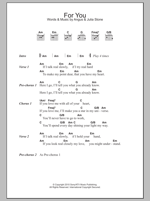 Angus & Julia Stone For You Sheet Music Notes & Chords for Lyrics & Chords - Download or Print PDF