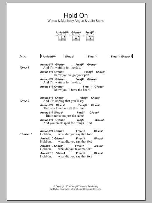 Angus & Julia Stone Hold On Sheet Music Notes & Chords for Lyrics & Chords - Download or Print PDF