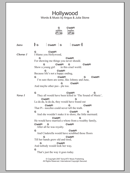 Angus & Julia Stone Hollywood Sheet Music Notes & Chords for Lyrics & Chords - Download or Print PDF