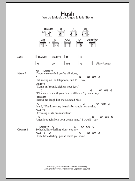 Angus & Julia Stone Hush Sheet Music Notes & Chords for Lyrics & Chords - Download or Print PDF