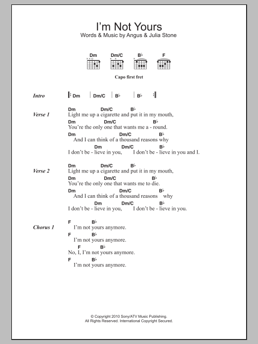 Angus & Julia Stone I'm Not Yours Sheet Music Notes & Chords for Lyrics & Chords - Download or Print PDF