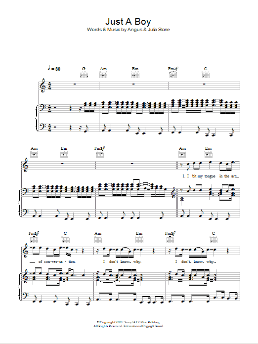 Angus & Julia Stone Just A Boy Sheet Music Notes & Chords for Piano, Vocal & Guitar (Right-Hand Melody) - Download or Print PDF