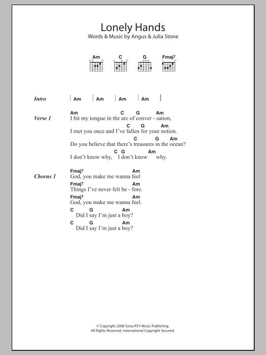 Angus & Julia Stone Lonely Hands Sheet Music Notes & Chords for Lyrics & Chords - Download or Print PDF