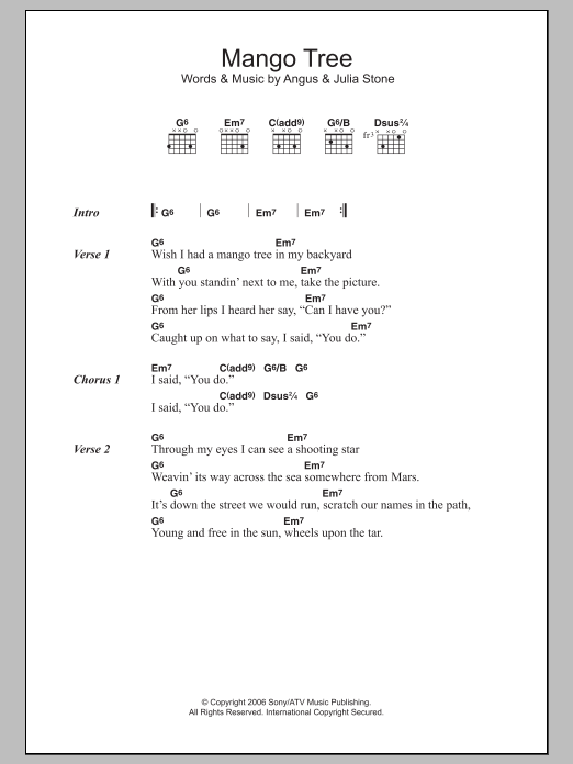 Angus & Julia Stone Mango Tree Sheet Music Notes & Chords for Lyrics & Chords - Download or Print PDF