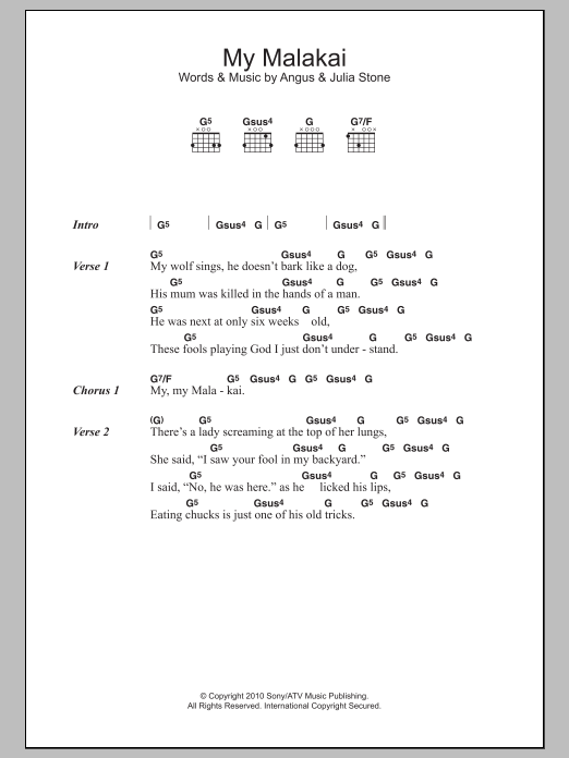 Angus & Julia Stone My Malakai Sheet Music Notes & Chords for Lyrics & Chords - Download or Print PDF