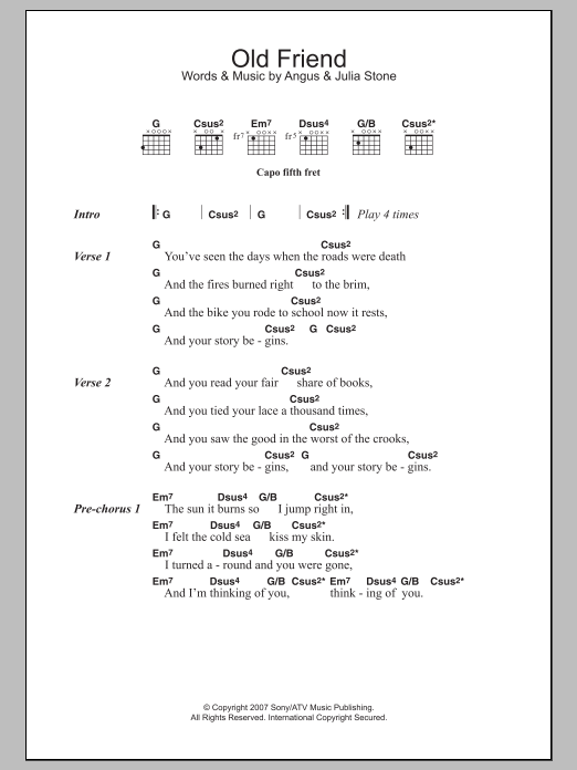 Angus & Julia Stone Old Friend Sheet Music Notes & Chords for Lyrics & Chords - Download or Print PDF