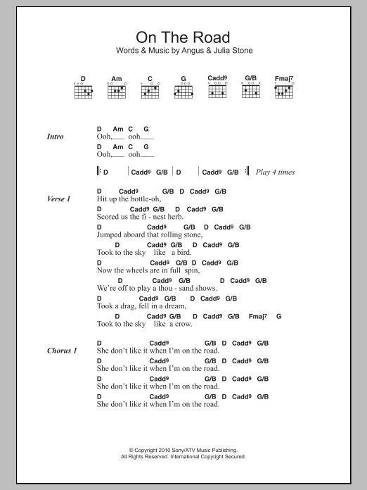 Angus & Julia Stone On The Road Sheet Music Notes & Chords for Lyrics & Chords - Download or Print PDF