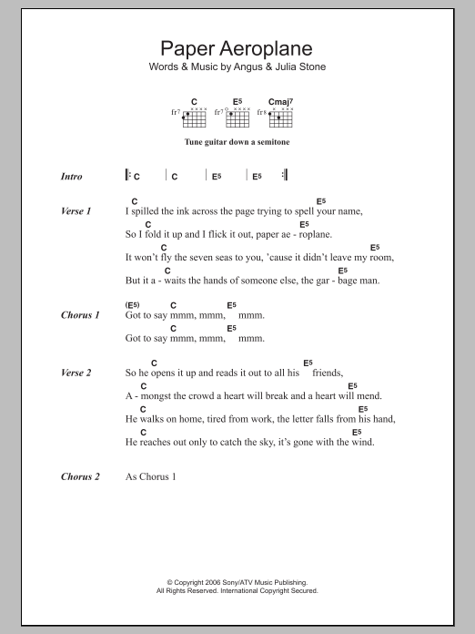 Angus & Julia Stone Paper Aeroplane Sheet Music Notes & Chords for Lyrics & Chords - Download or Print PDF