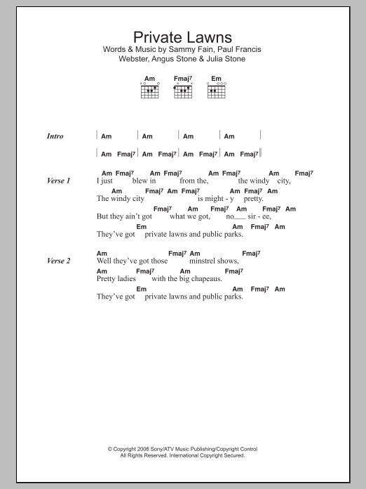 Angus & Julia Stone Private Lawns Sheet Music Notes & Chords for Lyrics & Chords - Download or Print PDF