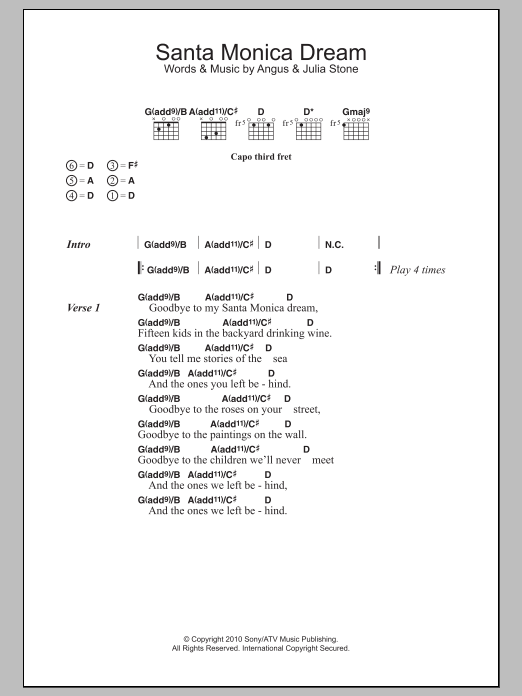 Angus & Julia Stone Santa Monica Dream Sheet Music Notes & Chords for Lyrics & Chords - Download or Print PDF