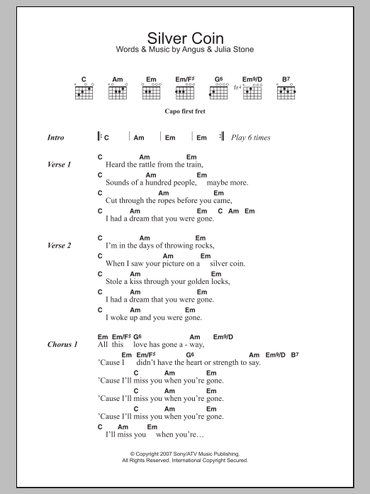 Angus & Julia Stone Silver Coin Sheet Music Notes & Chords for Lyrics & Chords - Download or Print PDF