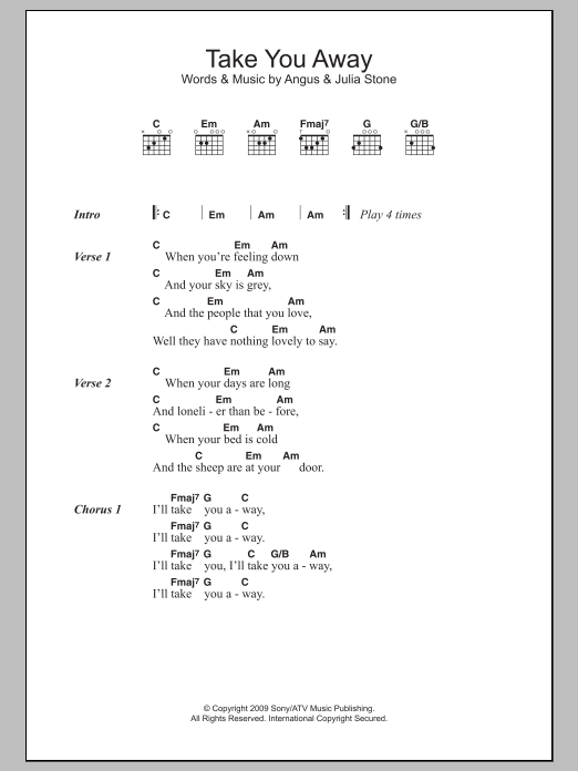 Angus & Julia Stone Take You Away Sheet Music Notes & Chords for Lyrics & Chords - Download or Print PDF